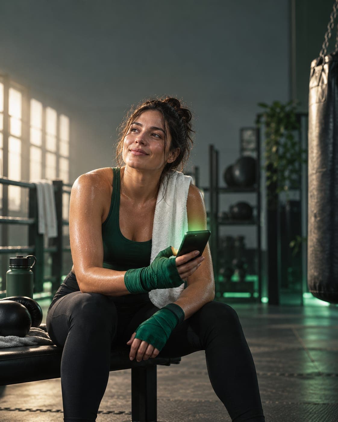 Una alumna descansa en un banco del gimnasio con el móvil en la mano tras entrenar